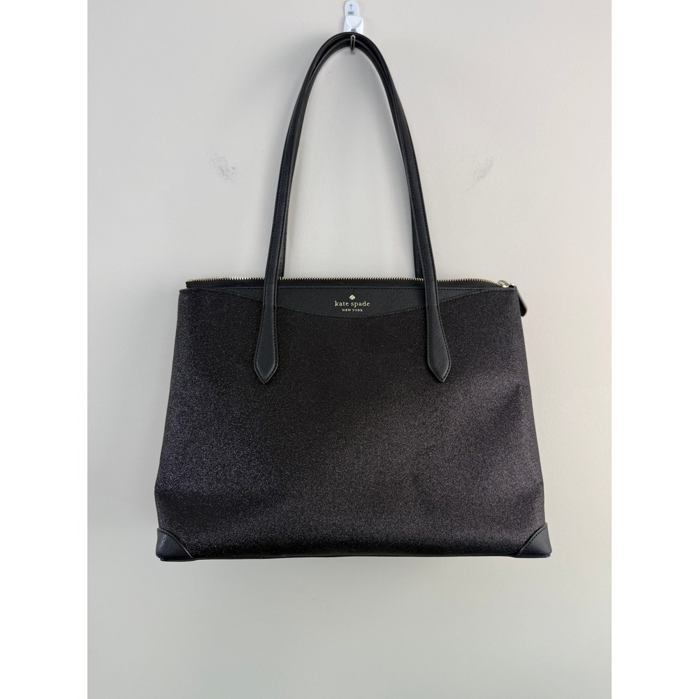 Kate Spade Shimmy Glitter Tote Black Saffiano Trim Top Zip Shoulder Bag